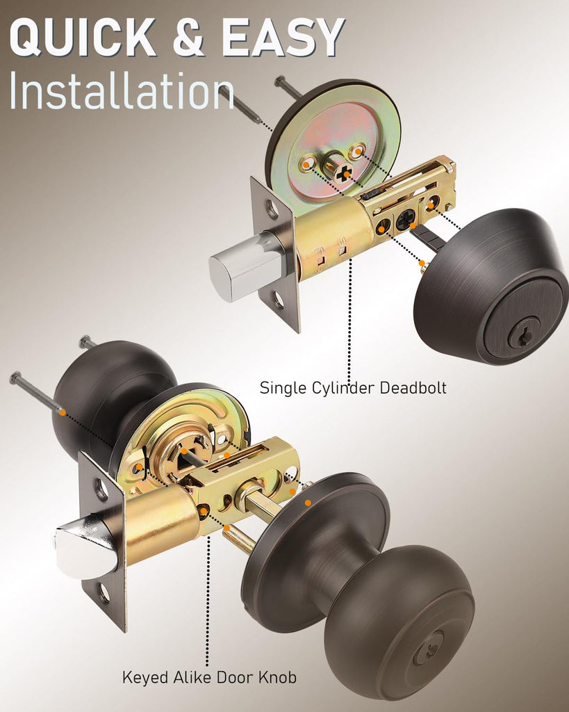4 Pack Keyed Alike Front Door Knob and Deadbolt Set, Entry Door Locksets with Single Cylinder Deadbolt, Oil Rubbed