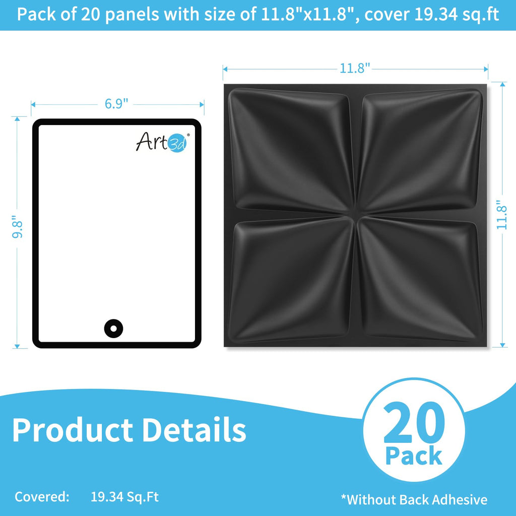 20 Pack Decorative 3D Wall Panels, 19 Sq.Feet PVC Interior Wall Décor, 11.8"x11.8", Black