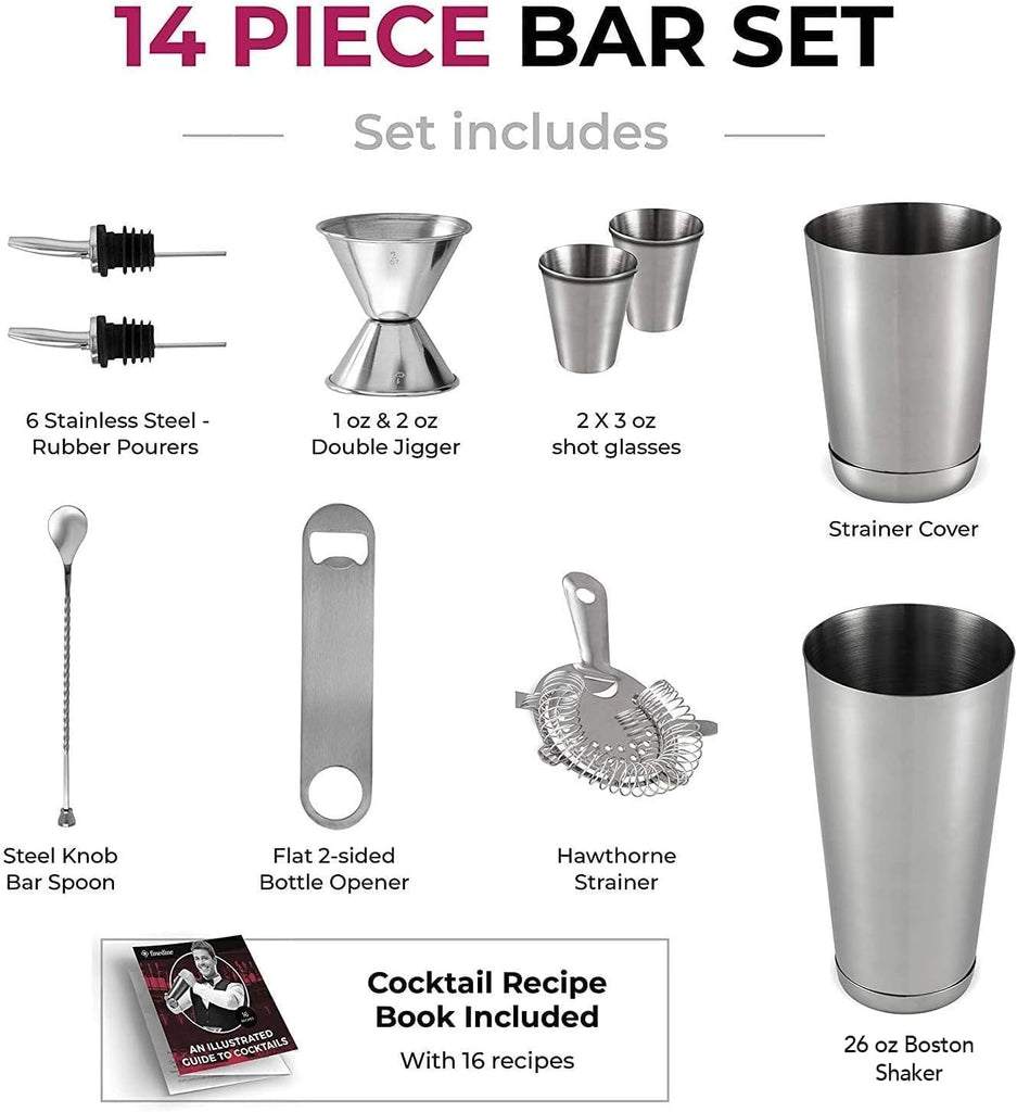 Cocktail Shakers Set, Stainless Steel Bar Tools Kit with Shaking Tins, Flat Bottle Opener, Double Bar - Set of 14