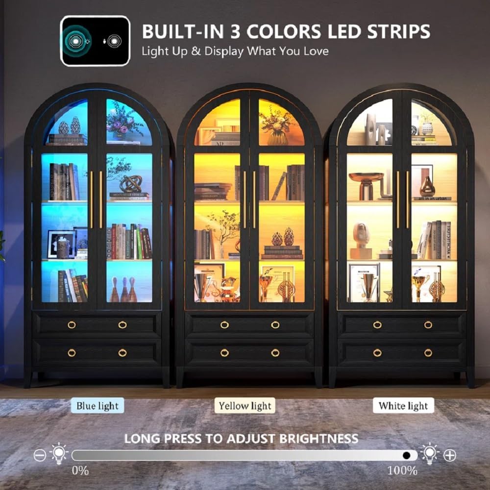 Arched Curio Cabinet with Glass Doors, 4-Tier Display Cabinet with 2 Drawers, Tall Bookcase with 3 Color Lights