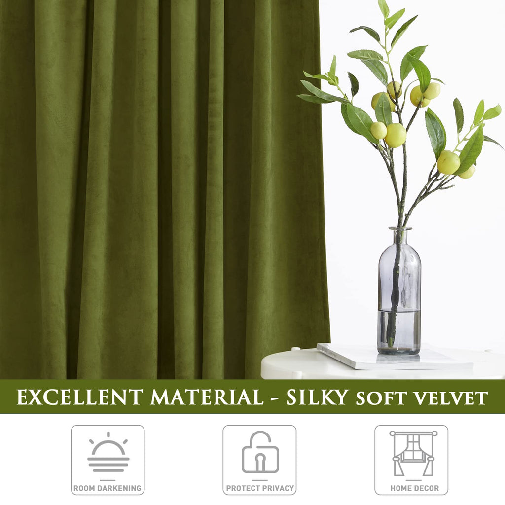 Olive Green Velvet Curtains for Farmhouse Decor, W52 x L120, 2 Pcs
