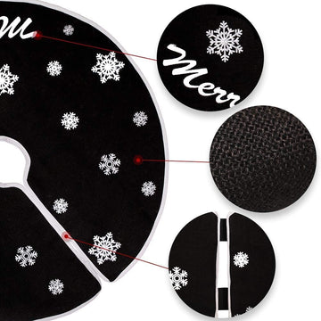 Burlap Christmas Tree Skirt, 30 Inch Black Tree Skirt with White Snowflakes and Merry Christmas Words, for Xmas
