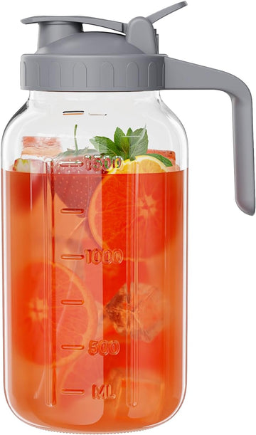 Glass Mason Jar Pitcher, 64 oz Wide Mouth Jug with Pour Spout Handle Lid for Cold Brew Coffee, Ice Beverage, Iced