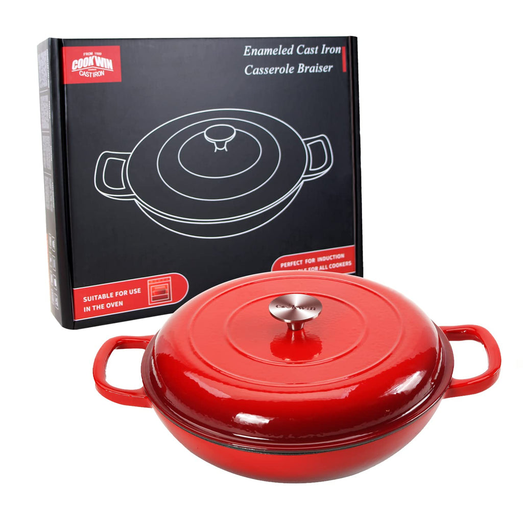 3.8 Quart Enameled Cast Iron Braiser Pan with Lid, Shallow Dutch Oven, Red