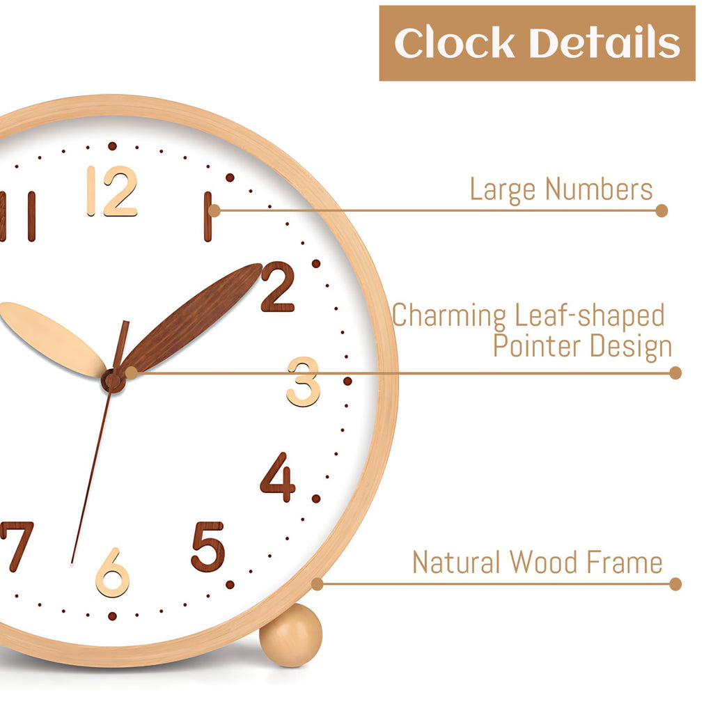 Wooden Table Clock, 8in Silent Non-Ticking Desk Clock, Battery Operated Desktop Analog Clock Bedroom Kitchen Office