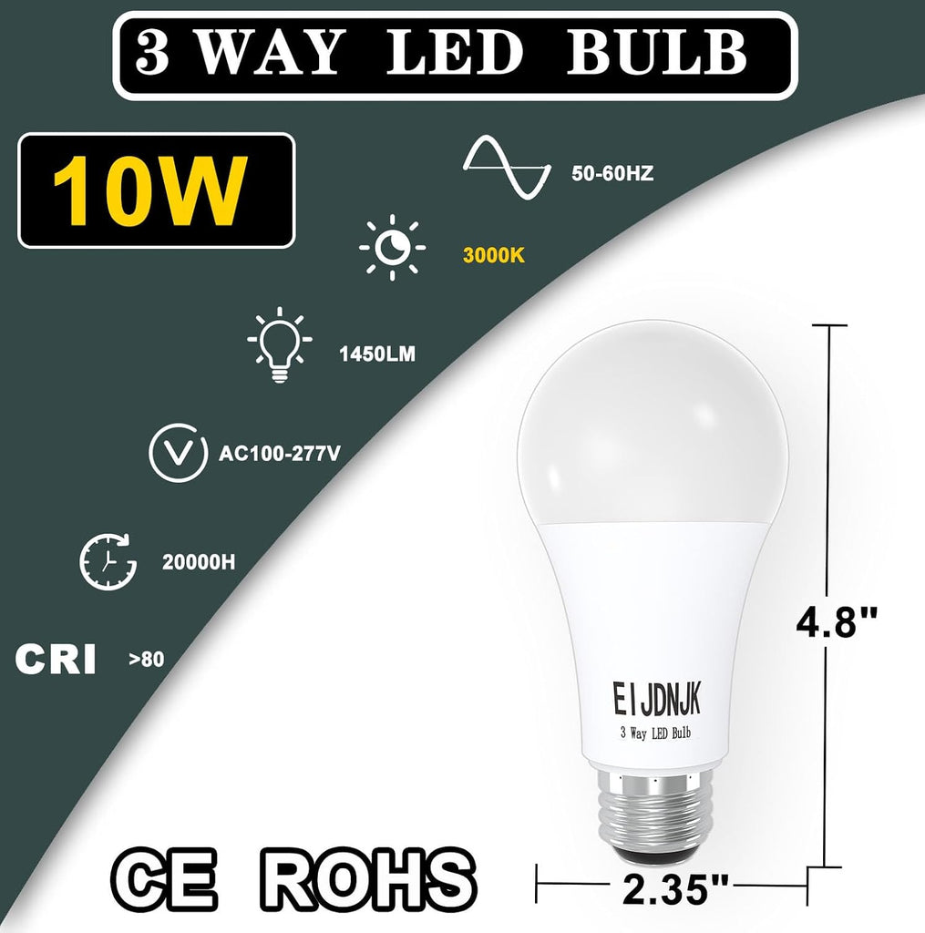 3 Way LED Light Bulbs 30 70 100 W Equivalent Soft White 3000K 2-Pack,Three Way Light Bulbs A19 E26 Base, 3 Way Light