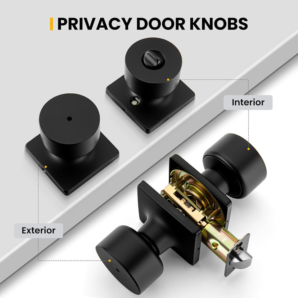 Matte Black Door Knobs Interior, Privacy Bedroom Door Knob with Lock, Black Interior Door Knobs Bathroom 6 Pack