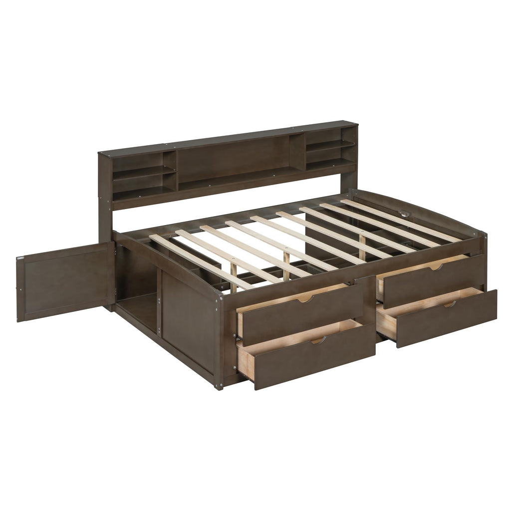 Full Size Solid Wood Daybed with Storage Drawers, Antique Brown