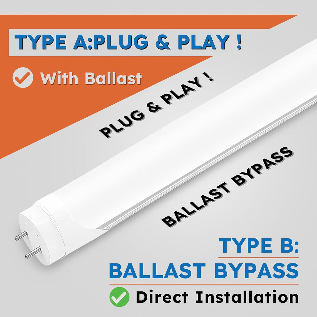 T8 LED Tube Lights 4ft, 48 Inch Fluorescent Replacement Bulbs, 5000K Pure Daylight, Hybrid Type A+B