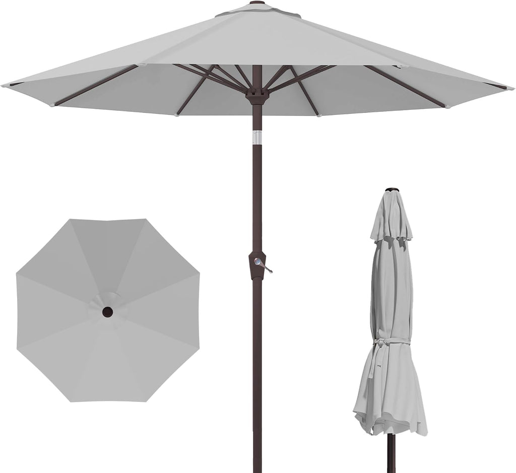 9FT Outdoor Patio Umbrella, Round Market Table Umbrella with Push‑Button Tilt and Crank Lift, 8 Sturdy Metal Ribs