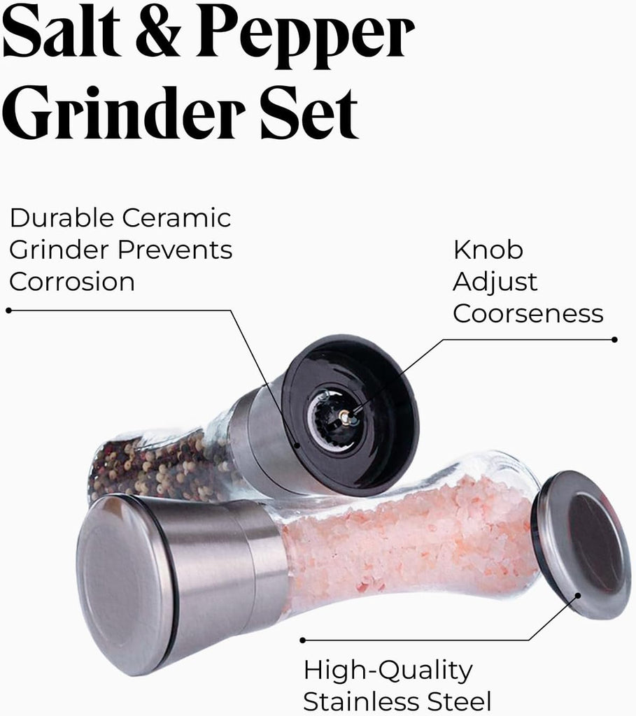 Salt & Pepper Grinder Set with Stand - Stainless Steel Manual Mills & Holder with Adjustable Coarseness, Refillable - Set of 2