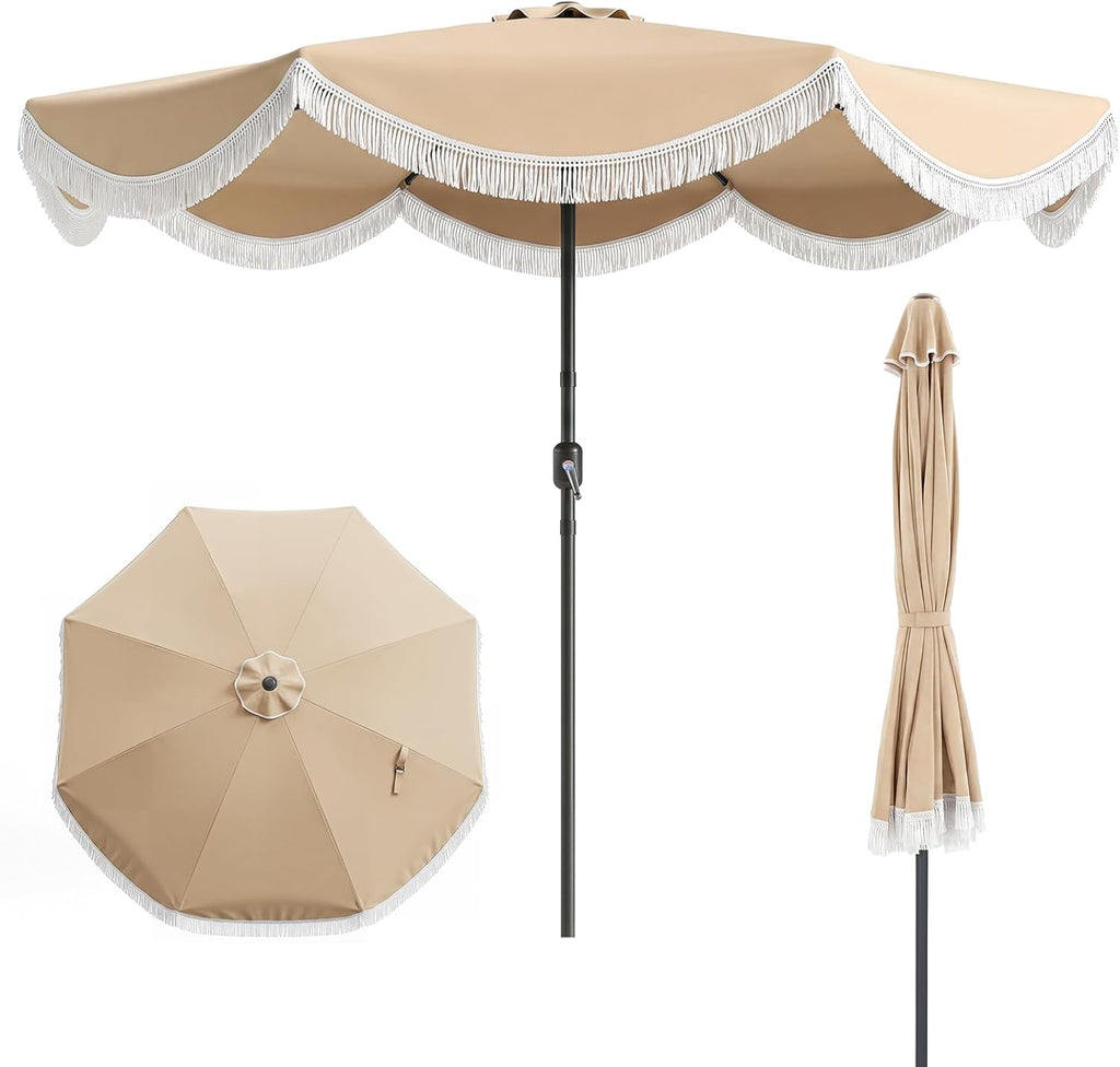 Patio Umbrella with Fringe, Boho Scalloped Canopy & Crank Lift - Beige 10 FT