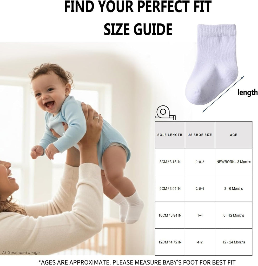 Baby Crew Socks, Cotton Rich Fit, Black White Gray 10 Pack for Girls & Boys