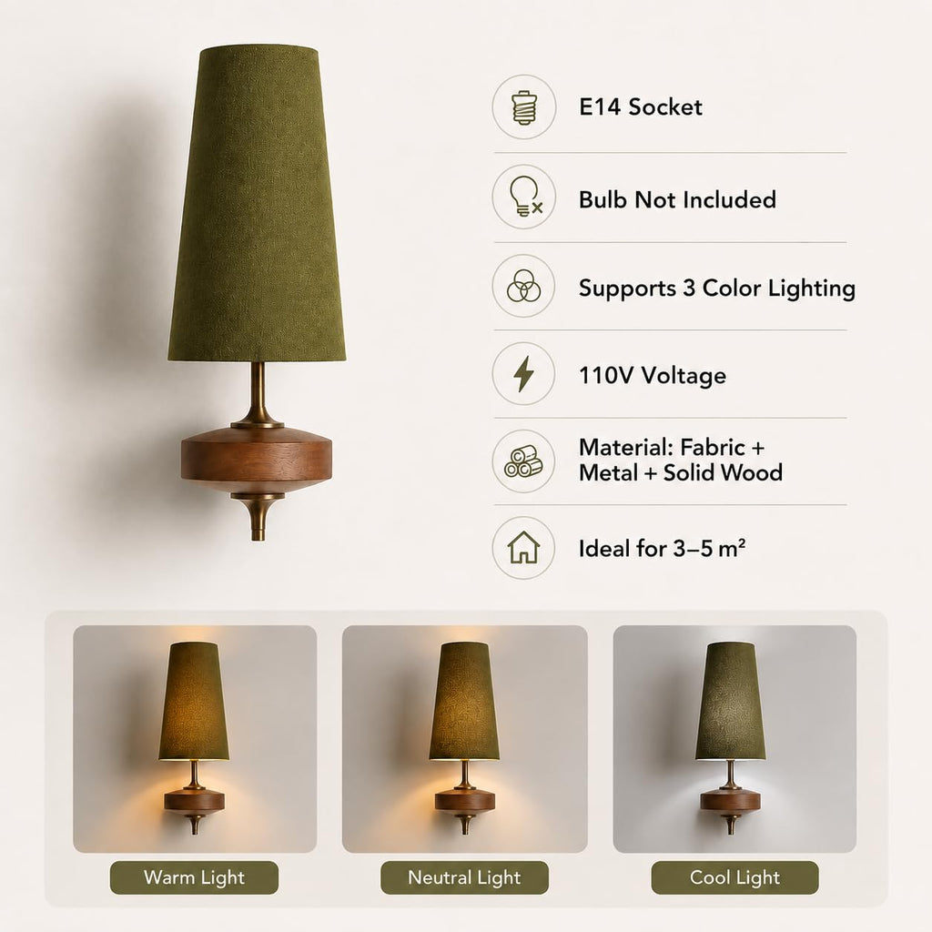 Vintage Mid-Century Wall Sconce, Solid Wooden & Fabric Wall Lamp, E14 LED Wall Light (38×15cm)(Green)
