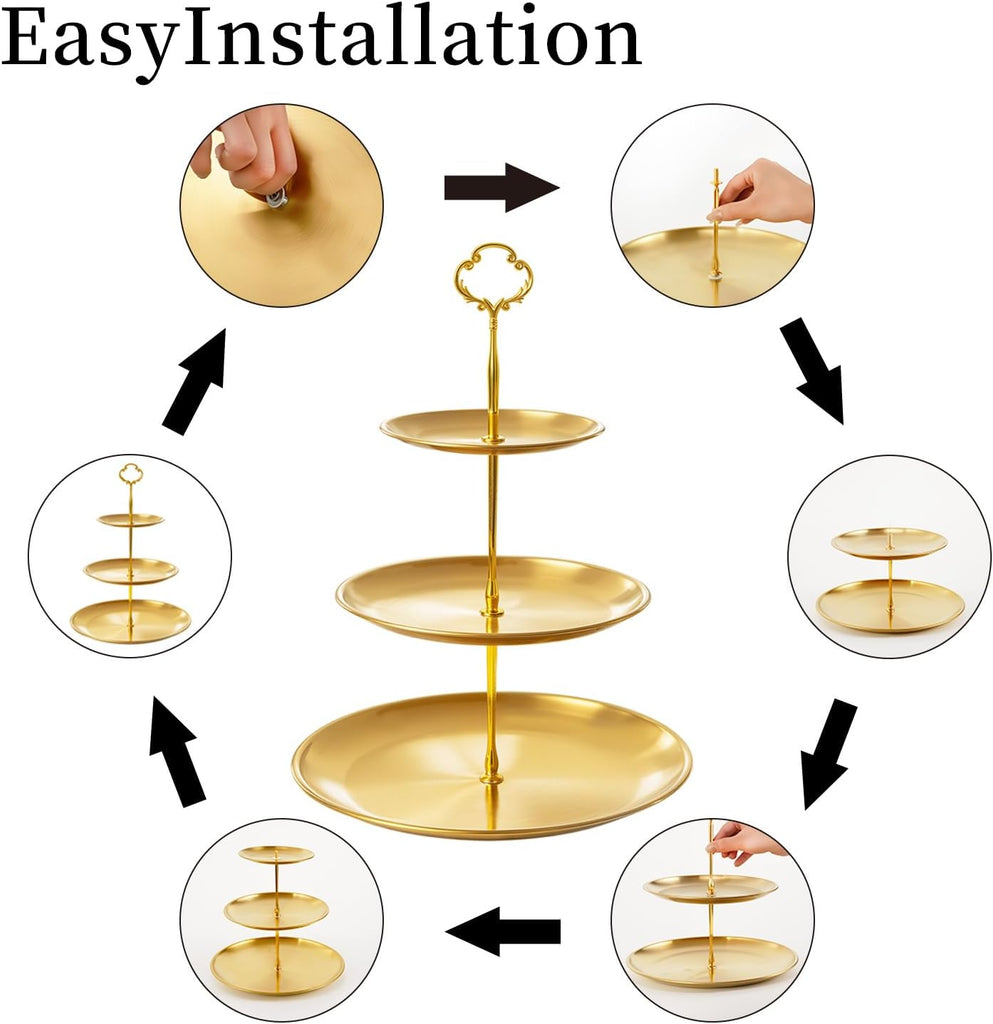 Gold cupcake stand, 3-Tier Stainless Steel, Detachable, 4 Foot Pads - Set of 3