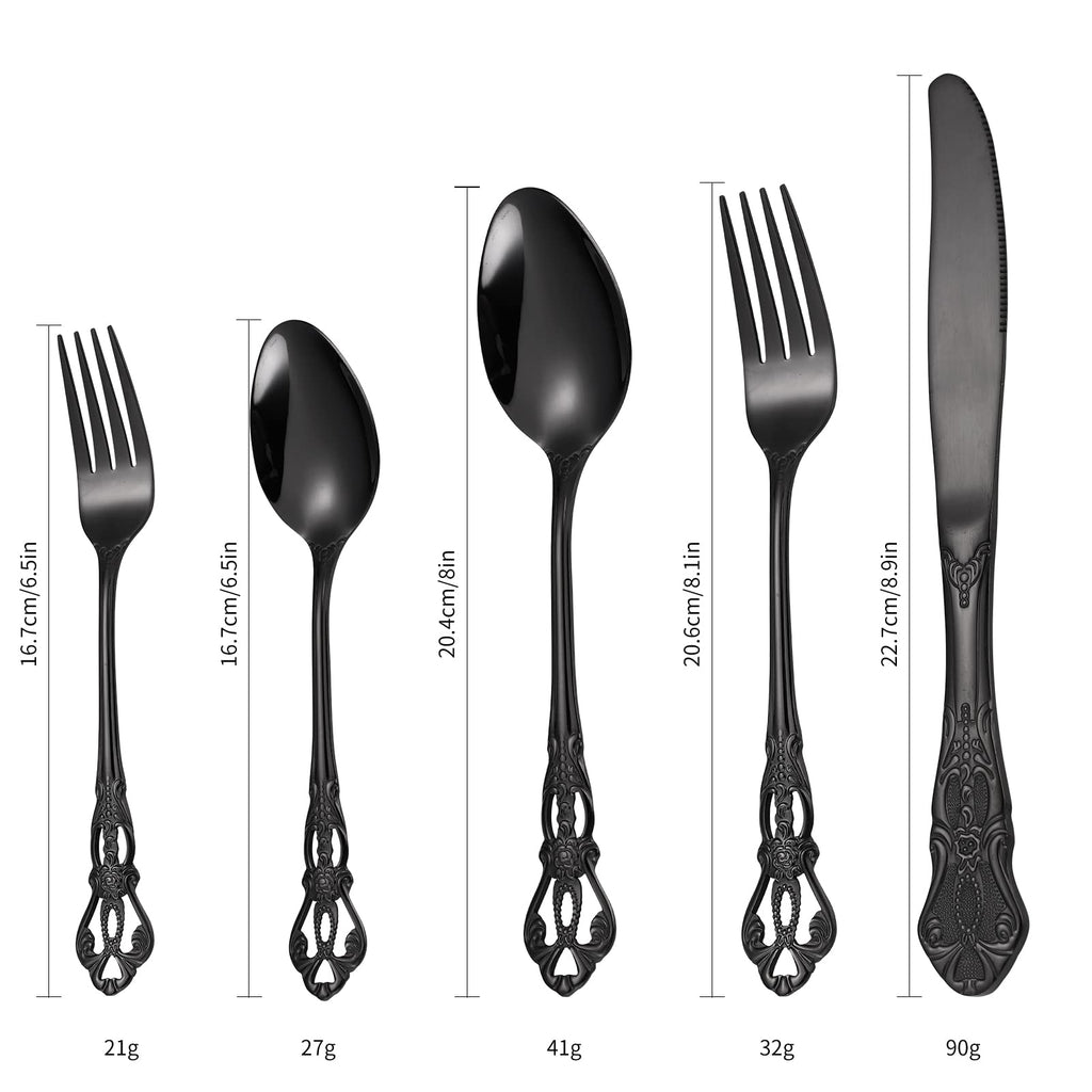 Black Silverware Royal Flatware Set for 4 Stainless Steel Cutlery Retro Antique Kitchen Utenisl with Flower Design