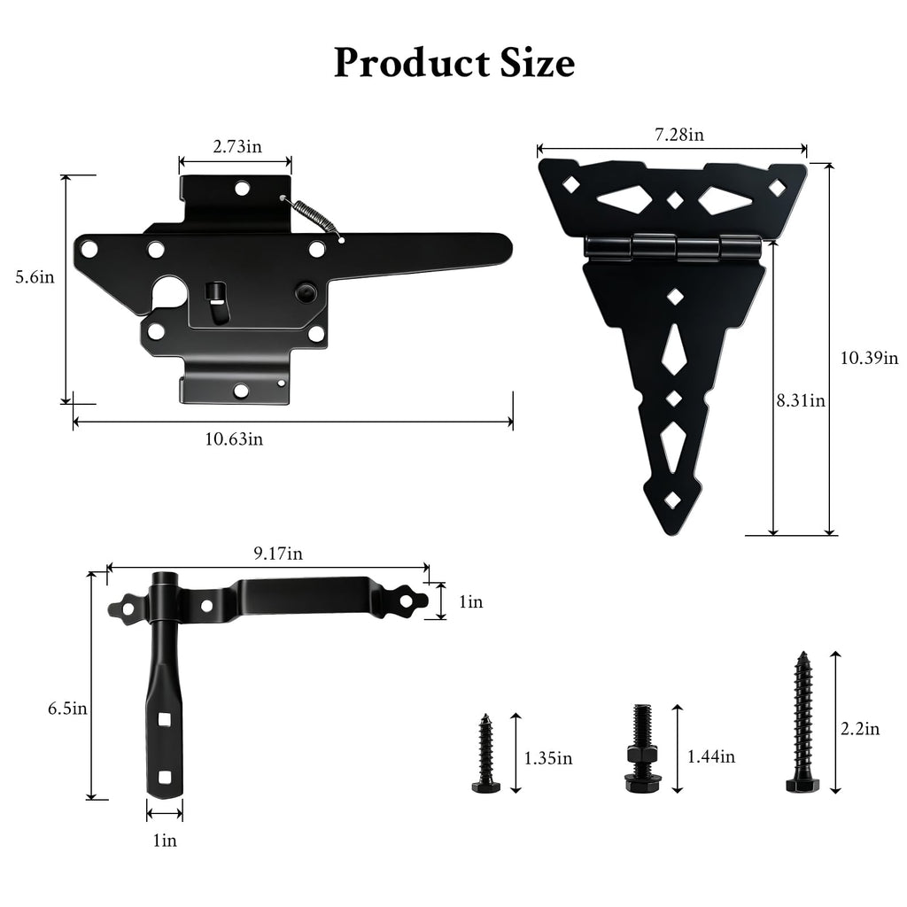 Heavy Duty Wood Gate Kit, 8 Inch Decorative T Hinge and Spring Loaded Latch Gate Kit with Screws for Wooden Fence Shed