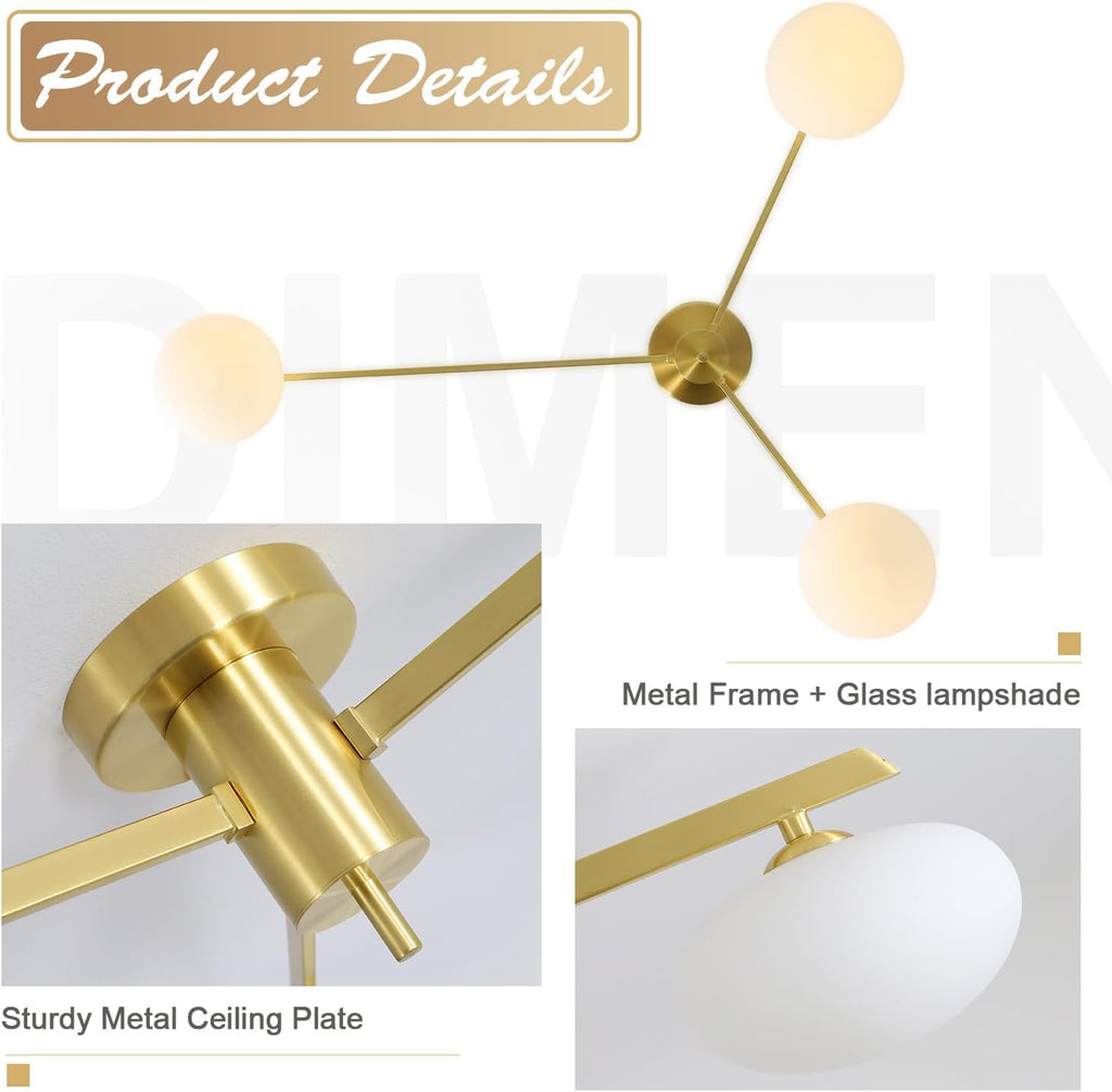 3-Light Gold Sputnik Ceiling Light Fixture, with Opal Glass Shade