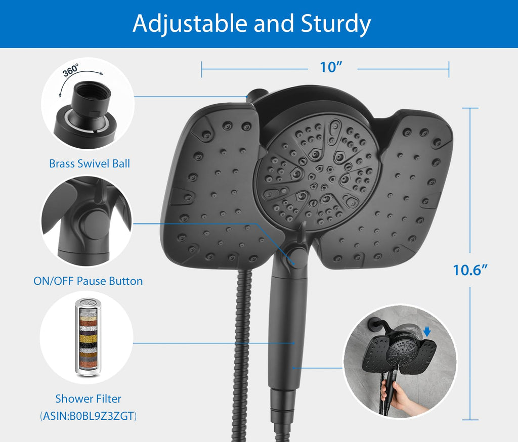 Rain Shower Head with Filtered Handheld Spray Combo Black 2.5 GPM