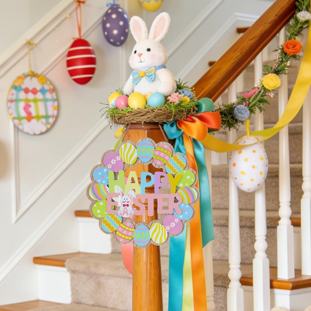Easter Decorations, Wooden Bunny Eggs Wreaths for Front Door Sign, Happy Easter Wood Wall Signs Hanging Crafts Spring