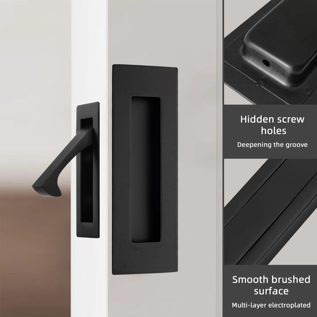 Pocket Door Handles and Edge Pull Matte Black, 6Inch Handles Hardware Latch,Recessed Finger Flush Pulls,for
