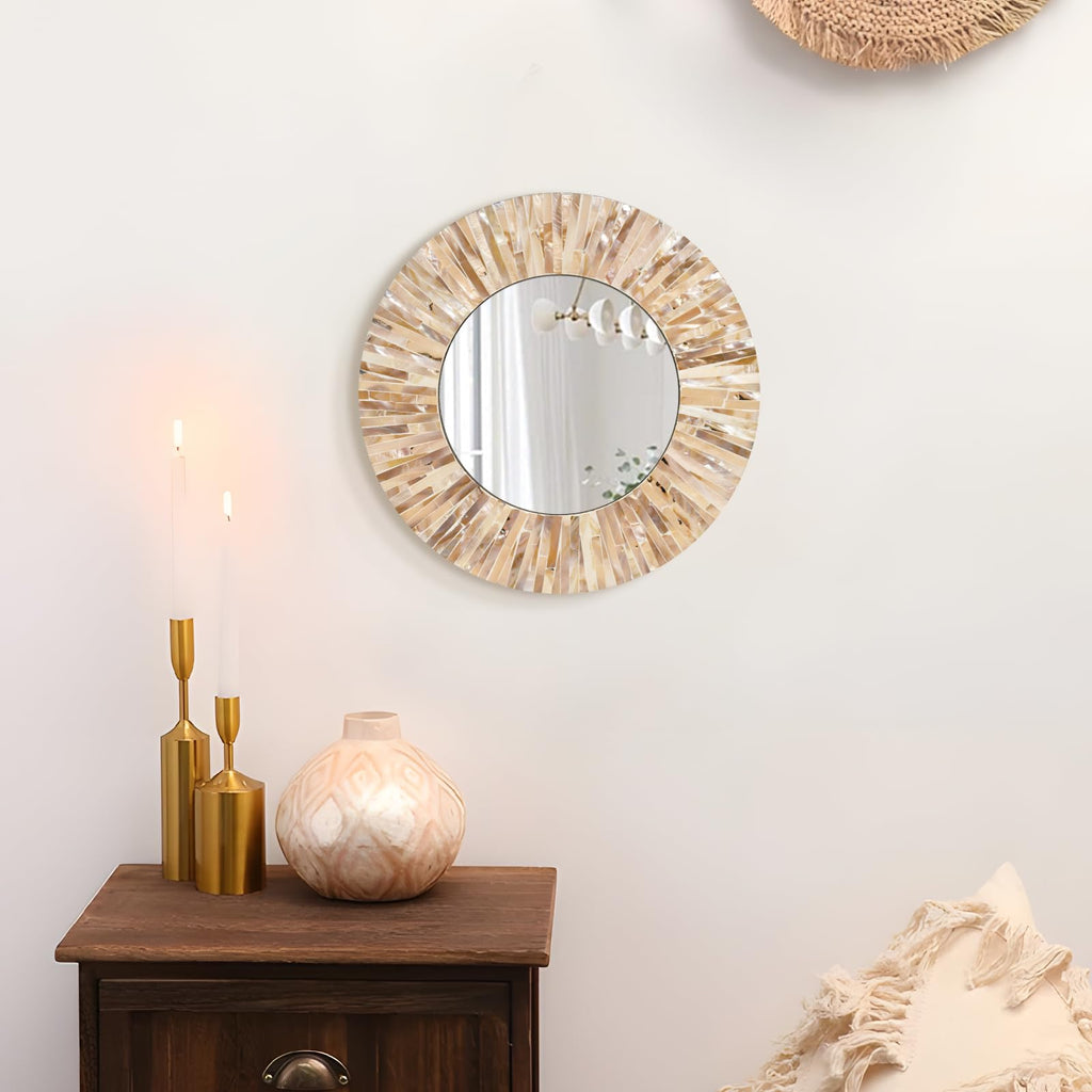 Boho Mother of Pearl Decorative Wall Mirror,Brown