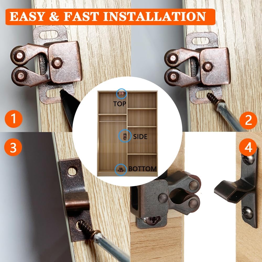 4 Pack Cabinet Latch Double Roller Catch Door Latches and Catches, Bronze