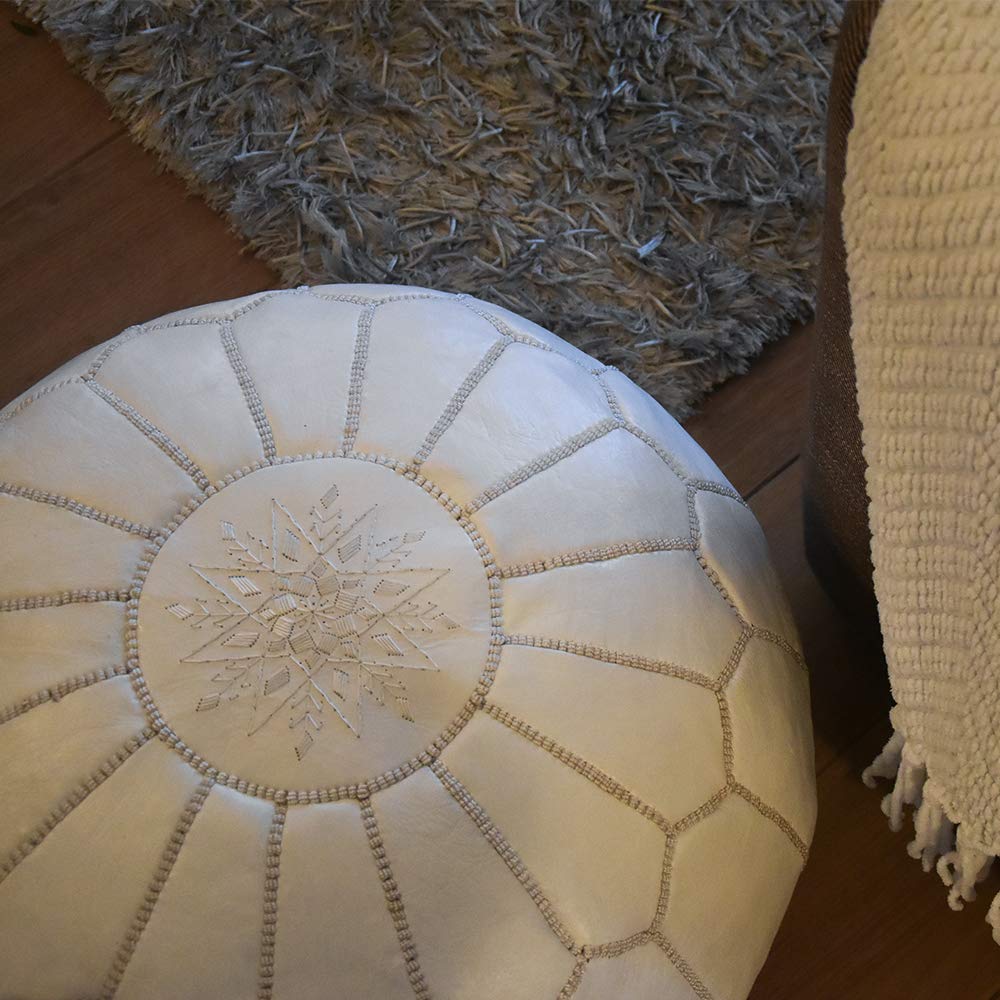 Premium Pouf - Handmade - Delivered Stuffed - Ottoman, Footstool, Floor Cushion (White)