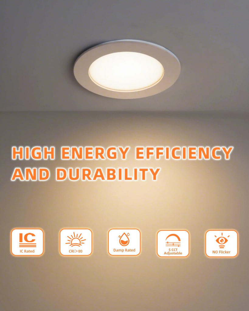 Recessed Lighting 6 inch - 12W 1100LM High Brightness,5CCT 2700K/3000K/3500K/4000K/5000K Selectable,Ultra-Thin LED