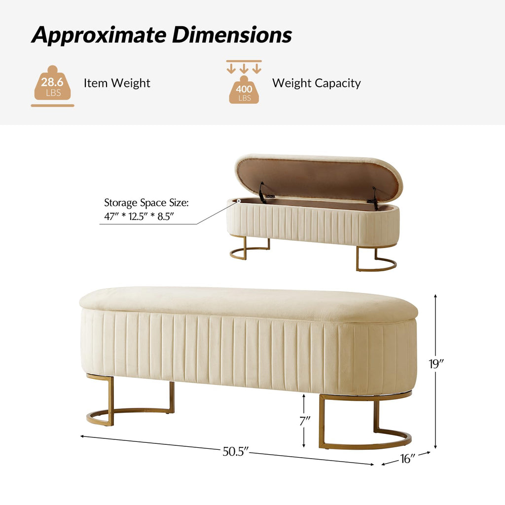 50.5" Velvet Storage Ottoman Bench with Gold-Toned Legs, Luxury Upholstered End of Bed Multi-Functional Footrest &