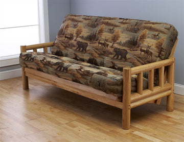 Futon Frame and Full Size Mattress Set. This Rustic Log Frame Sofa Set Easily Converts to Full-size Bed. Nice. The