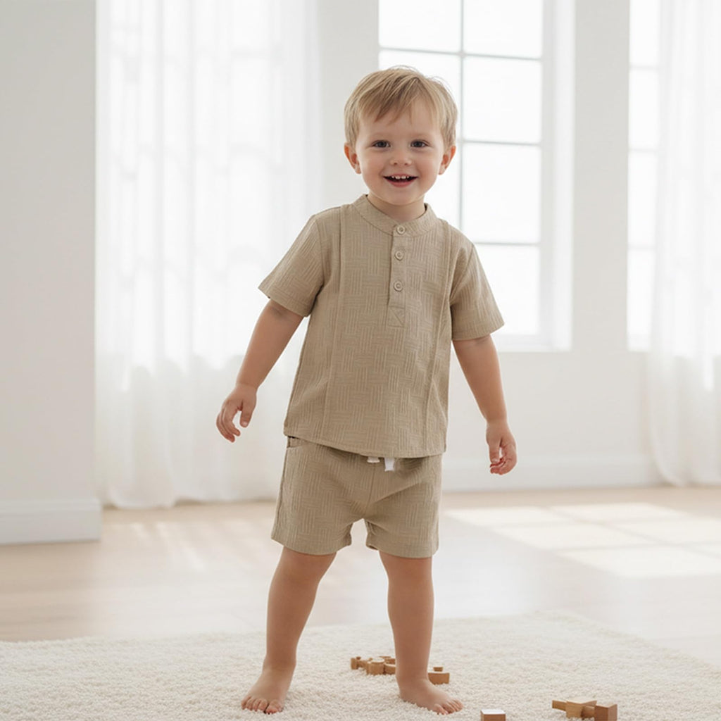 Toddler Boy Clothes Summer Henley Shirt Shorts Set 2Pcs Khaki