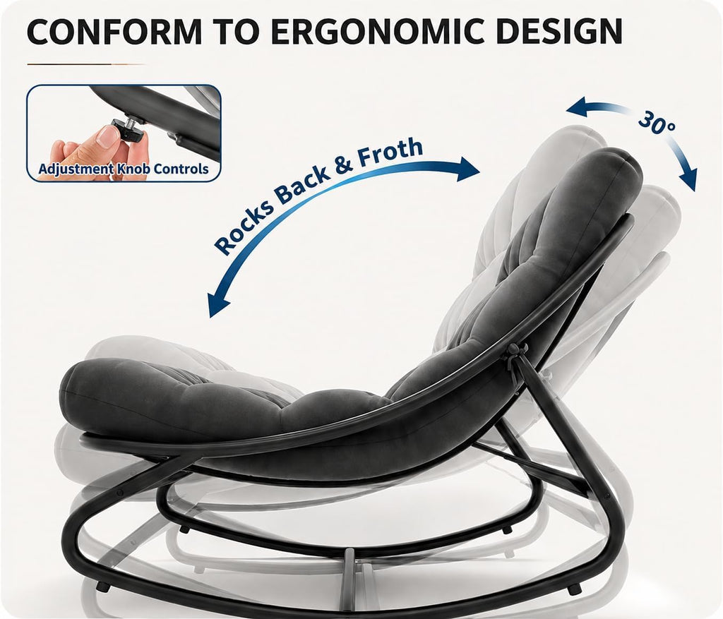 Outdoor Papasan Rocking Chair with Thick Cushion, 450 lb Capacity | Curved lounge profile, neutral gray finish and