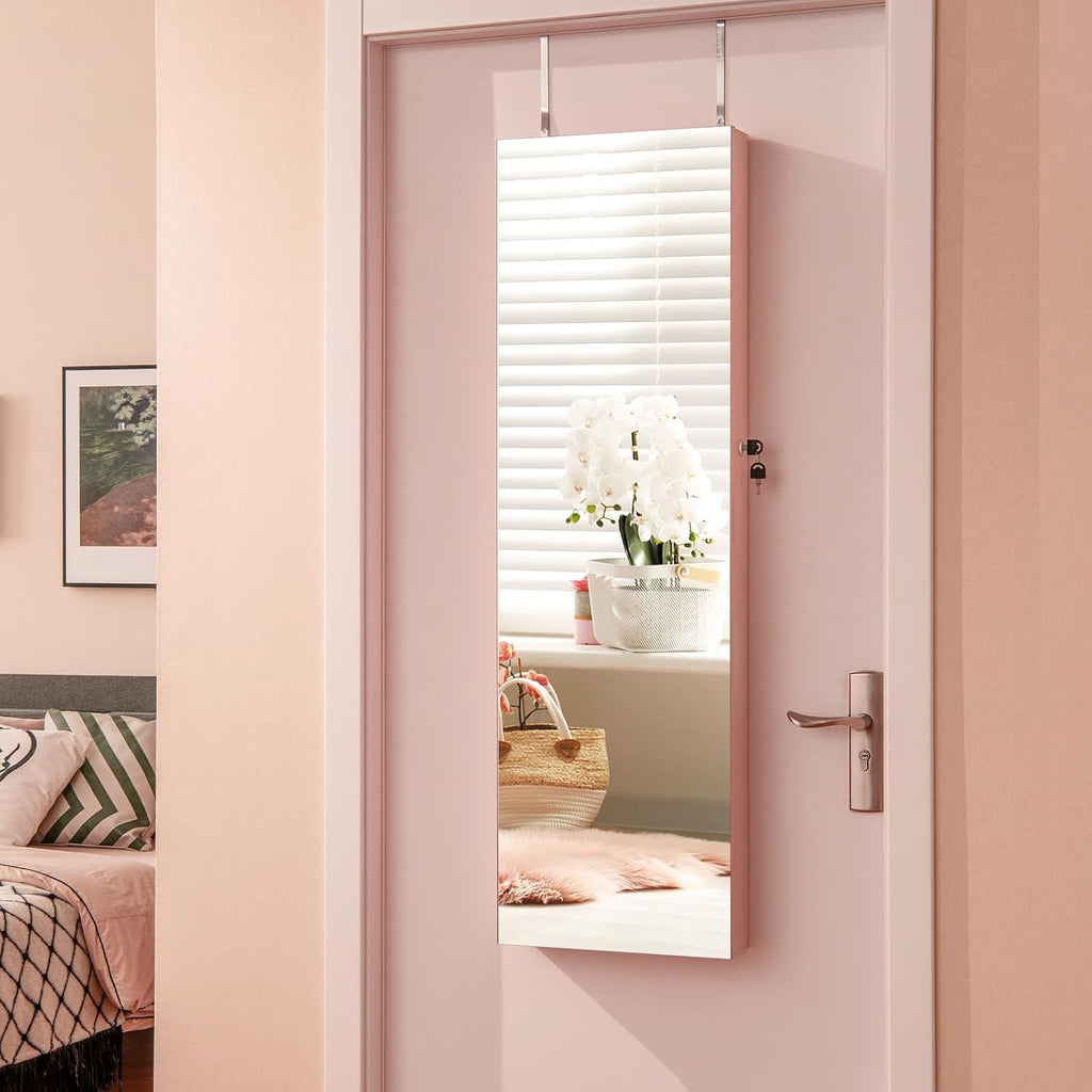 Wall or Door Mounted Lockable Jewelry Armoire with Full-Length Mirror