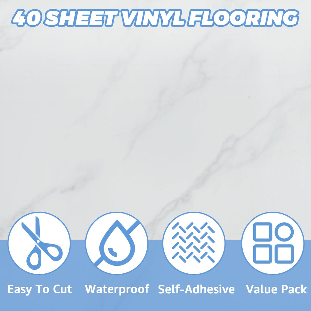 40 Sheet Vinyl Flooring 12x12 Inch Peel and Stick Floor Tile Waterproof White Marble Vinyl Floor Tiles Clearance Self