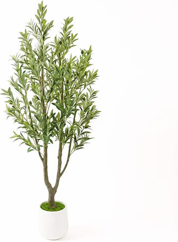 6FT Artificial Olive Tree with White Tall Planter, 72" Realistic Silk Leaves & Fruits Faux Olive Tree, Tall Potted