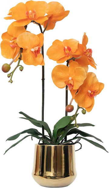 Orchids Artificial Flowers Realistic Fake Flowers in Ceramic Pot 20" Orange Lifelike Faux Floral Arrangement Soft PU