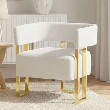 Mid Century Modern Accent Chair, Barrel Armchair, White Boucle, Gold Leg