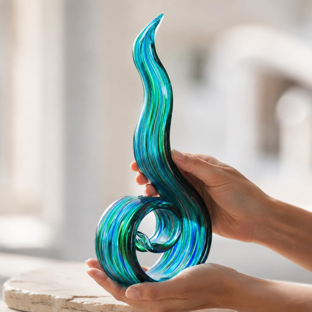 Glass Sculptures Home Decor, Hand Blown Art Glass Statue, Abstract Wave Flame Figurine Shelf Tabletop Entryway