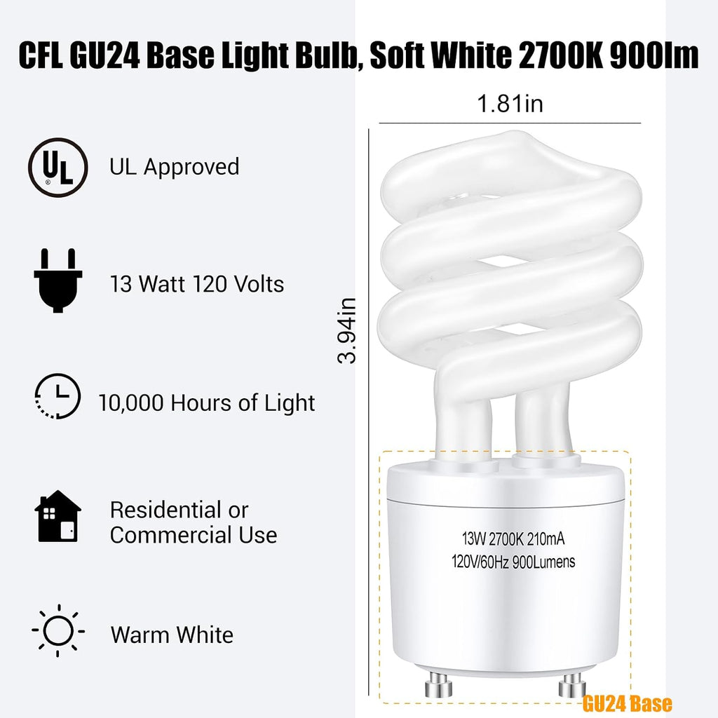 CFL Light Bulbs GU24 Base T3 Spiral 13W 2700K Warm White (2-Pack)