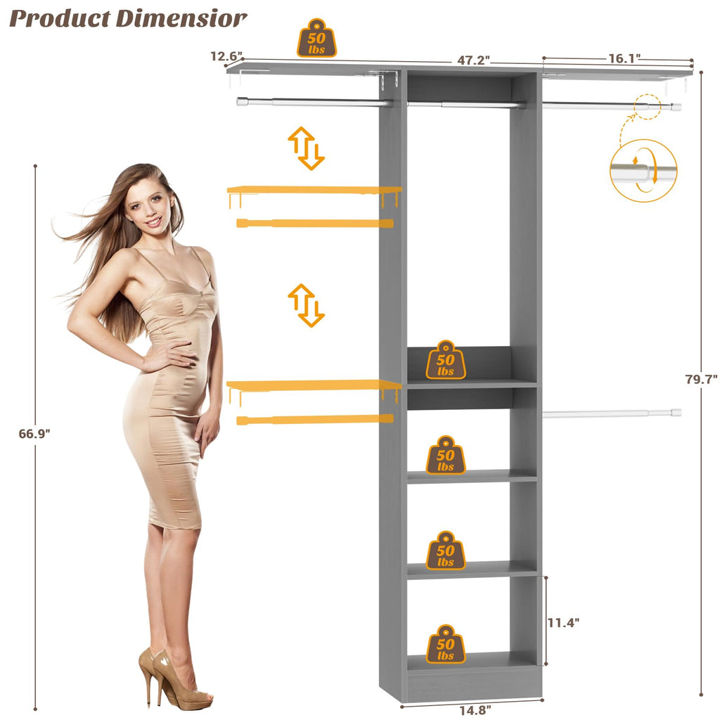 4FT Closet System for Small Space, 80"H, Grey