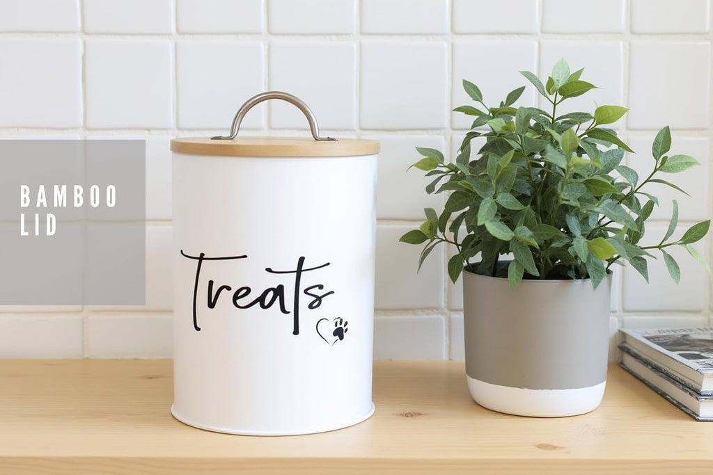 White Dog and Cat Treat Container with Easy to Open Bamboo Lid, 98 oz/12 cups