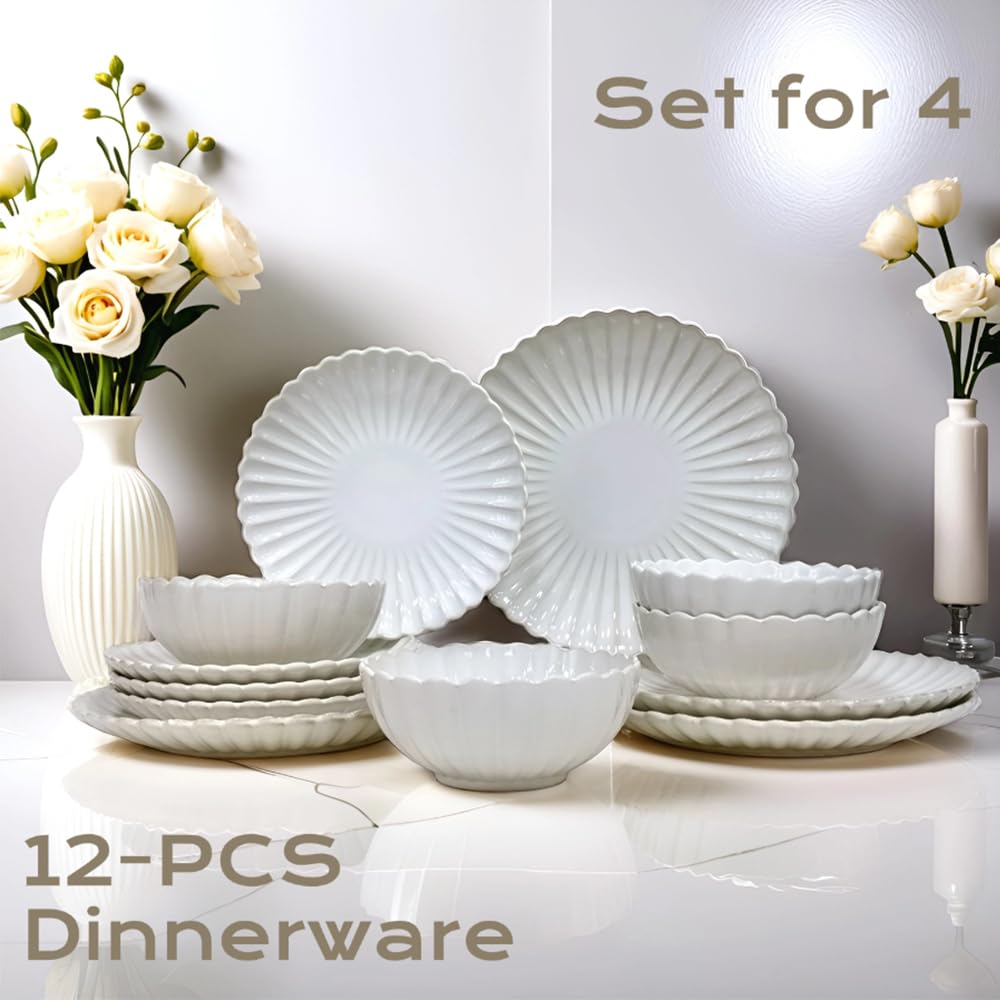 12-Piece Sunflower shape Ceramic Kitchen Dinnerware Set, Service for 4, Porcelain Dishes Dinner Set with Dinner