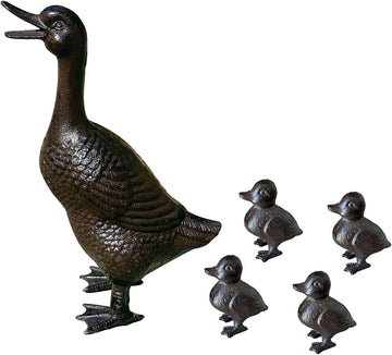 Vintage Cast Iron Duck Family Garden Statue, Rust Brown Mother Duck (15.7" Tall) with 4 Ducklings (3.6" Tall)