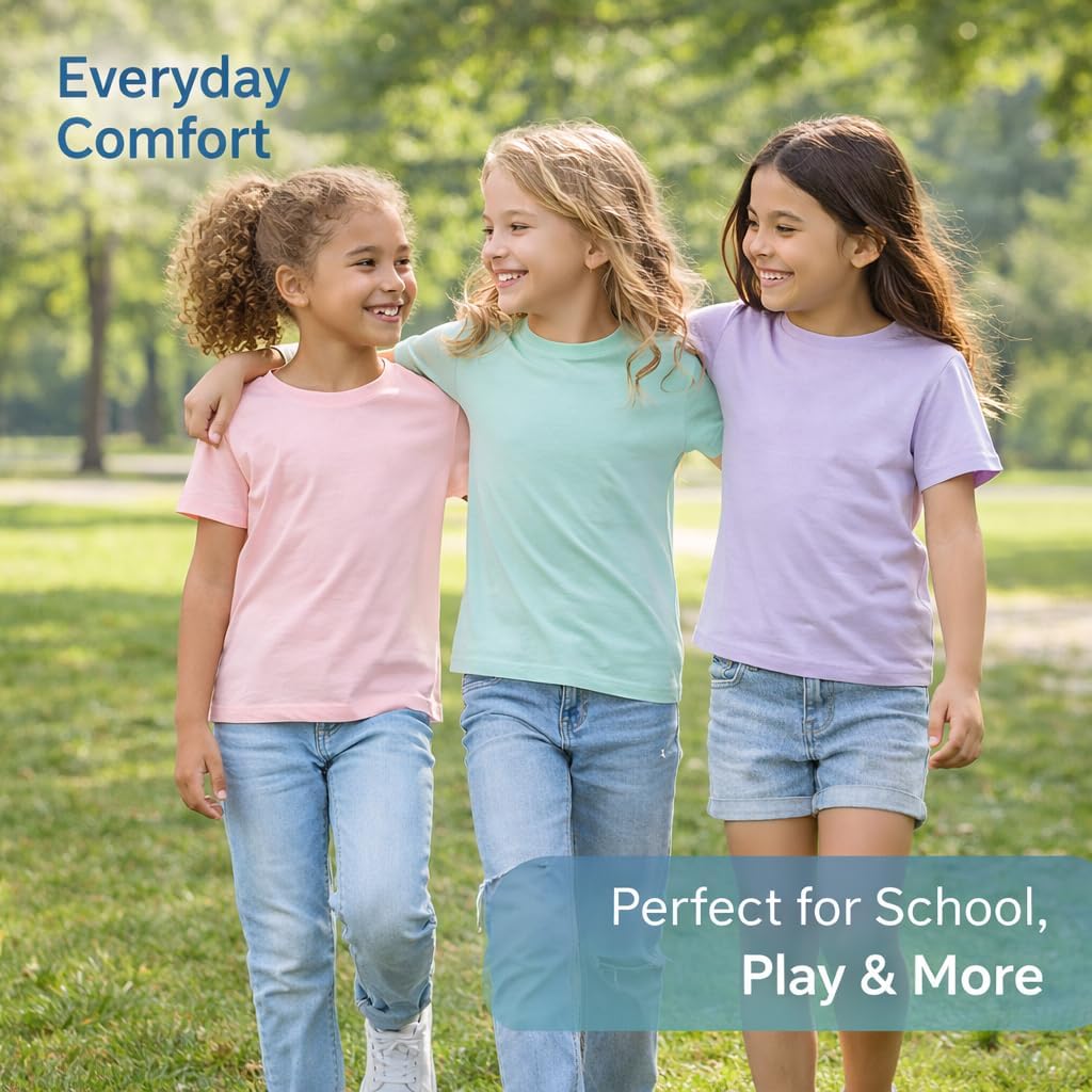 Girls Short Sleeve T-Shirts 5 Pack - Soft Cotton Tees, Breathable Everyday Tops, Tagless Comfort.
