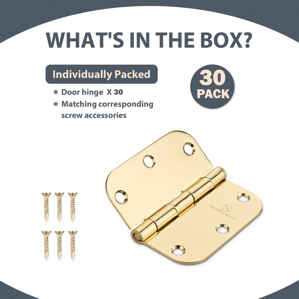 Door Hinges Polished Brass 3.5 Inch Interior Hinges 5/8" Radius Brushed Brass Door Hinges - 30 Pack