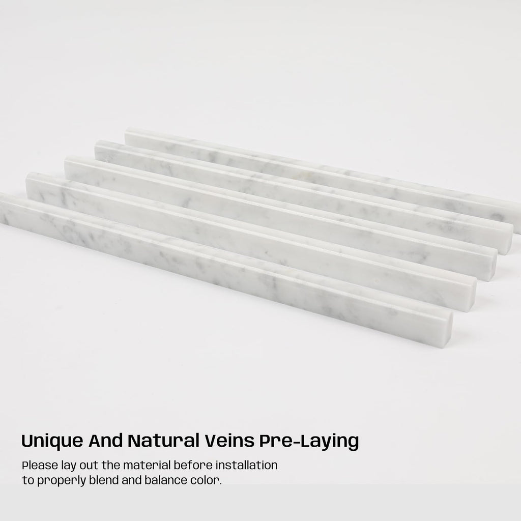 Carrara White Marble Pencil Trim Liner, 1/2"x12" Bullnose Tile Edge, 10 Pcs