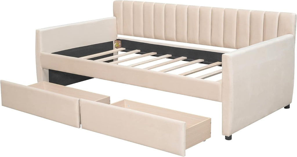Upholstered Daybed with 2 Drawers, Twin Size Bed Frame with Storage and Wood Slat Support, Beige