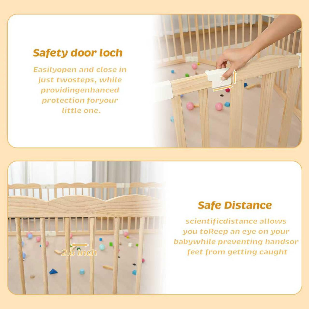 Wooden Baby Playpen 69x69 Inch Foldable Toddler Fence with Safety Lock | Extra Large Natural Wood Foldable Baby