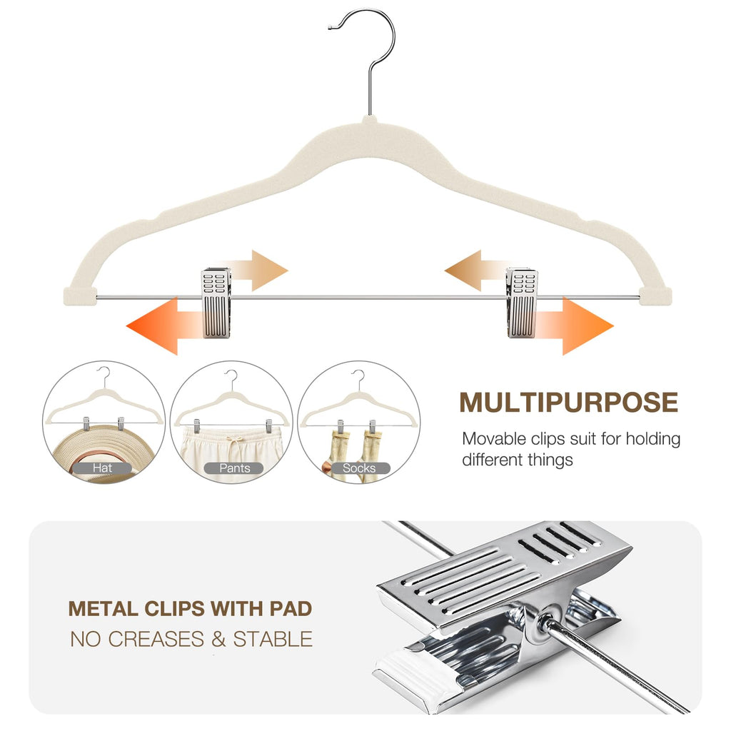 24-Pack Beige Velvet Hangers with Clips Adjustable, Adult Hangers, Outfit Hangers, Heavy-Duty, Non-Slip, Space Saving